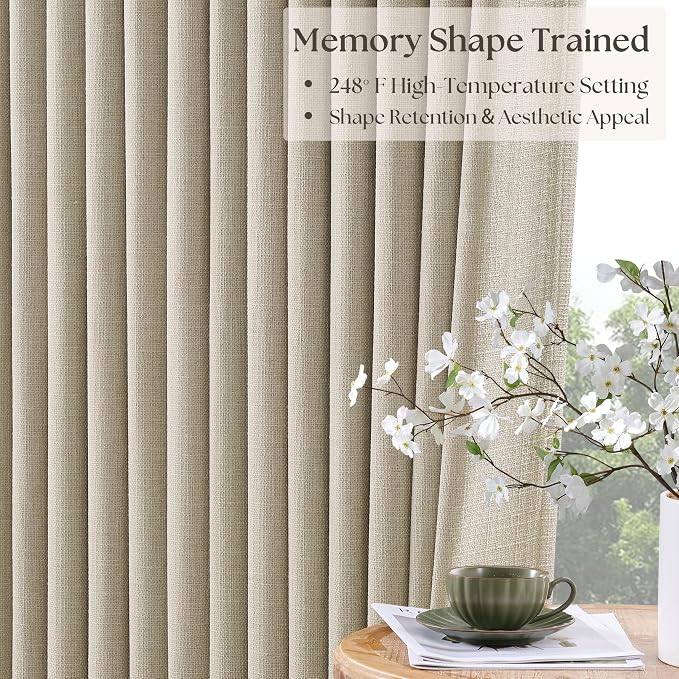 Oatmeal 108 Inch Blackout Linen Pleated Curtains - Image 4