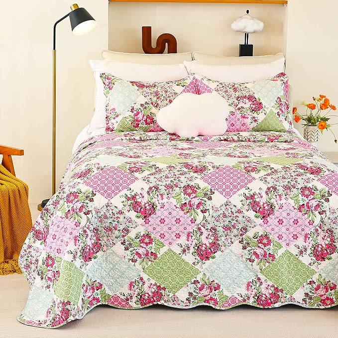 Cmfshape Summer Floral Queen Quilted Bedspread, Romantic Pink Quilt Set Bedding - Image 2