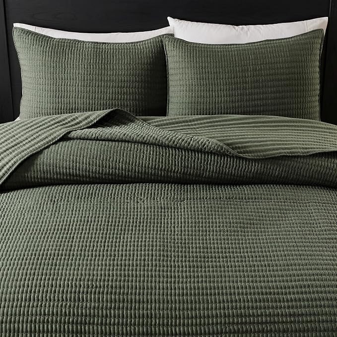 WDCOZY Olive Green Queen Size Pick Stitch Quilt Set, 3 Pieces 90x90 inches | by WDCOZY