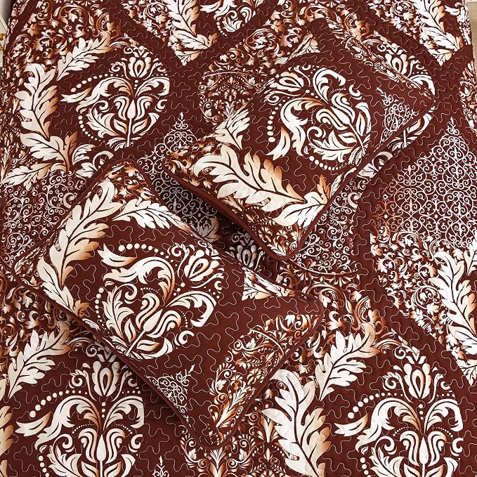DJY Damask Quilt King Size, Boho Lightweight Bedding Set 3 Pcs, Burgundy | - Image 7