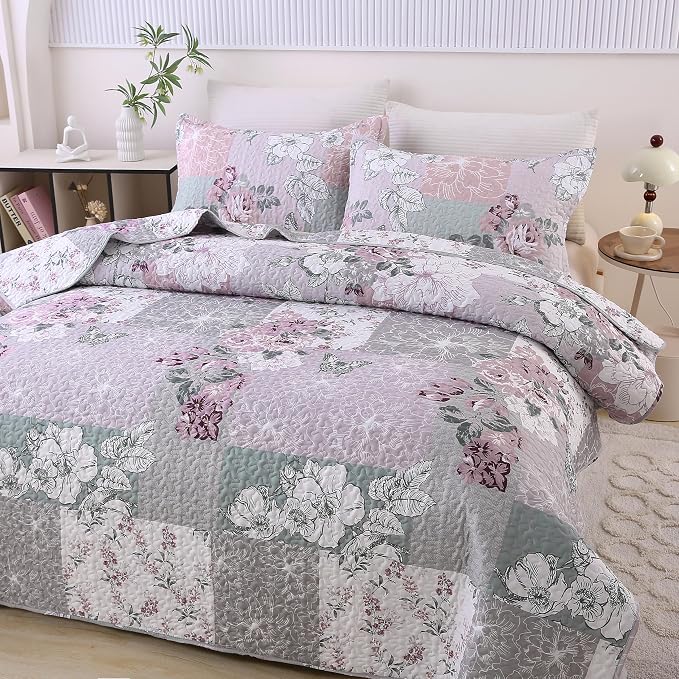 DURLENGEN Patchwork Quilt Set King Size 3Pcs, Floral - Image 2