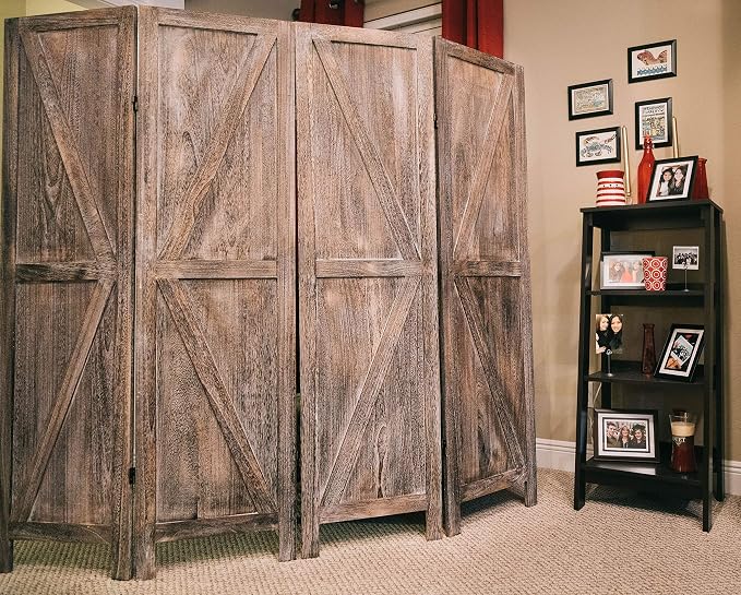 Premium Home 4-Panel Room Divider – Rustic Brown Barn Door, K Pattern Folding - Image 5