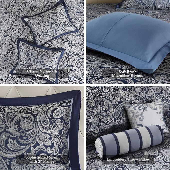 Madison Park Reversible Jacquard Quilted King Bedspread Set Navy, All-Season - Image 4