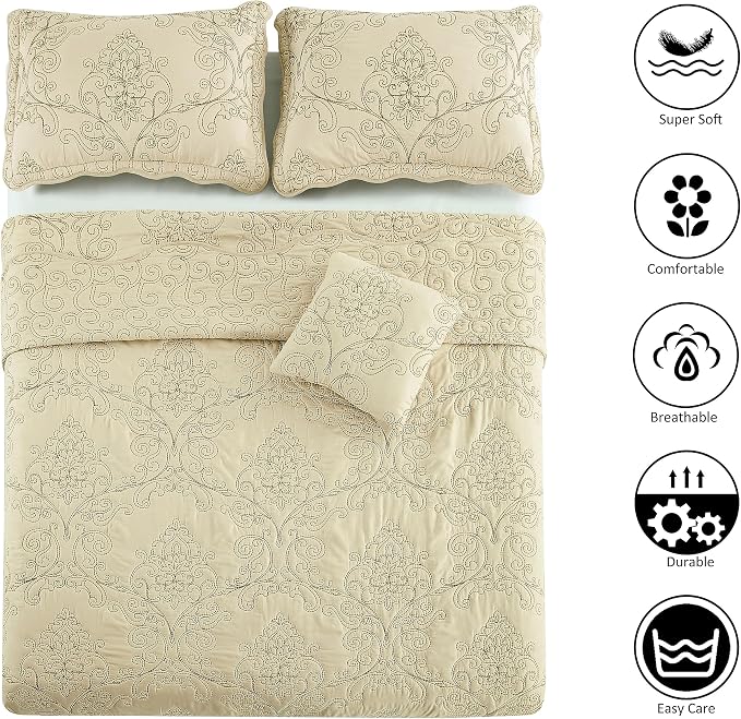 Home Soft Things Damask 4 Piece Bedspread Set, Scalloped Edge Reversible - Image 6