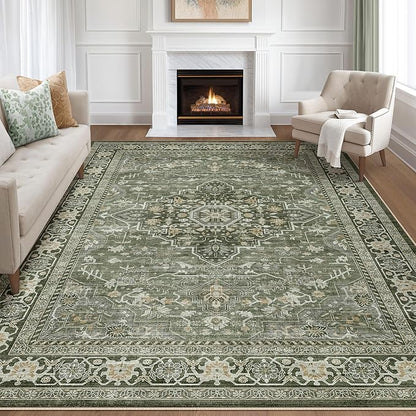 10x12 Area Rug Living Room: Washable Boho Large Neutral Vintage Soft Rugs Stain Resistant Farmhouse Non Slip Indoor Floor Carpet for Bedroom Nursery Kids Playroom Office Dining Room Home- Dark Green