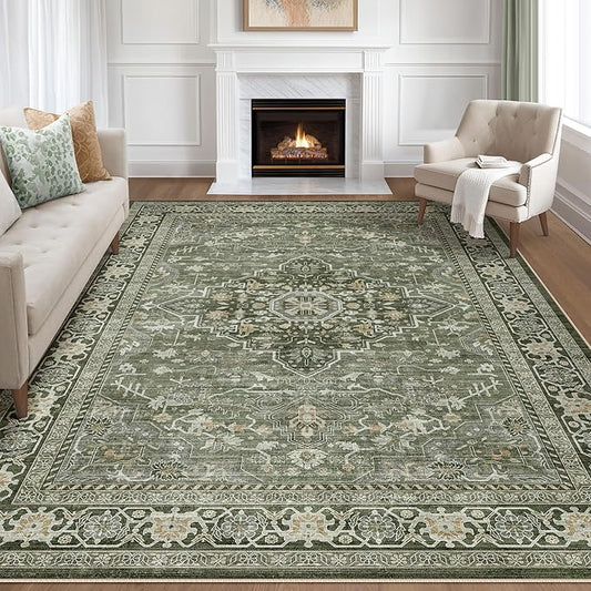 10x12 Area Rug Living Room: Washable Boho Large Neutral Vintage Soft Rugs Stain Resistant Farmhouse Non Slip Indoor Floor Carpet for Bedroom Nursery Kids Playroom Office Dining Room Home- Dark Green