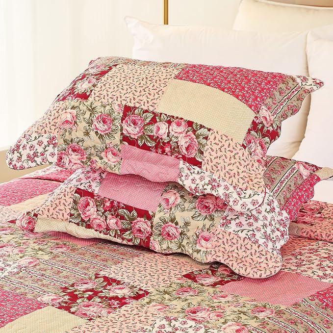 Cmfshape Summer Floral Queen Quilted Bedspread, Romantic Pink Quilt Set Full - Image 5