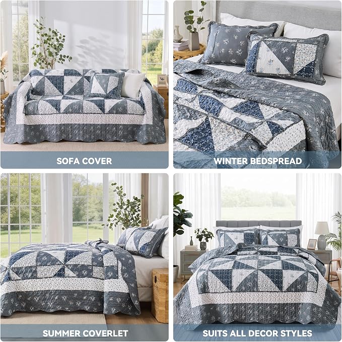 King Size Quilt Set Grey Floral Patchwork Quilted Bedspread Coverlet Set | - Image 8