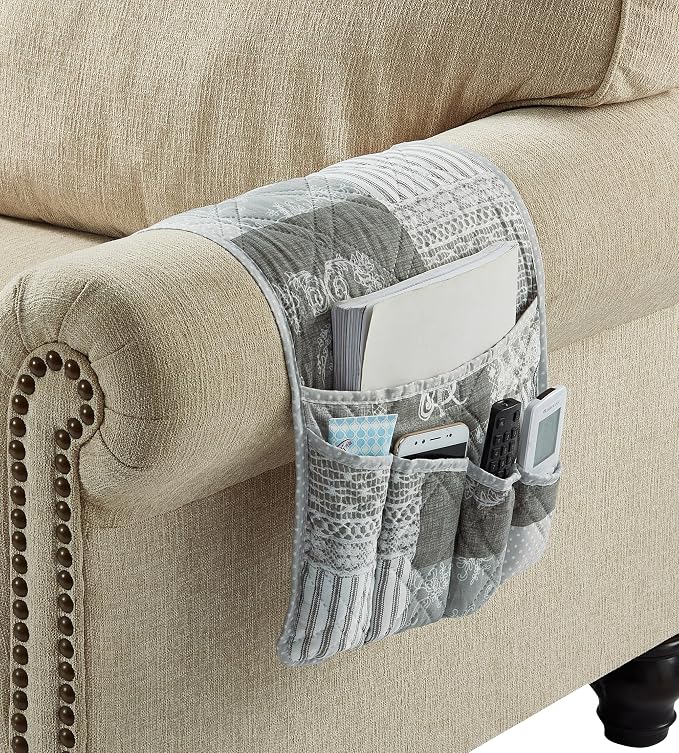 Brilliant Sunshine Grey Toile Floral Couch Armrest Cover, Armrest Organizer & - Image 5
