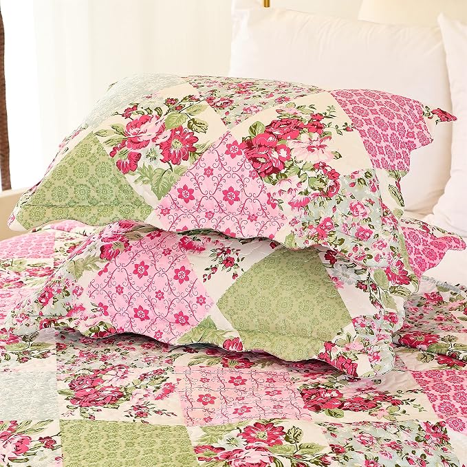 Cmfshape Summer Floral Queen Quilted Bedspread, Romantic Pink Quilt Set Bedding - Image 4