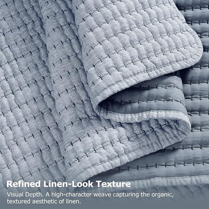 Chambray Pick Stitch Oversized King Size Quilt Set, California King Striped - Image 6