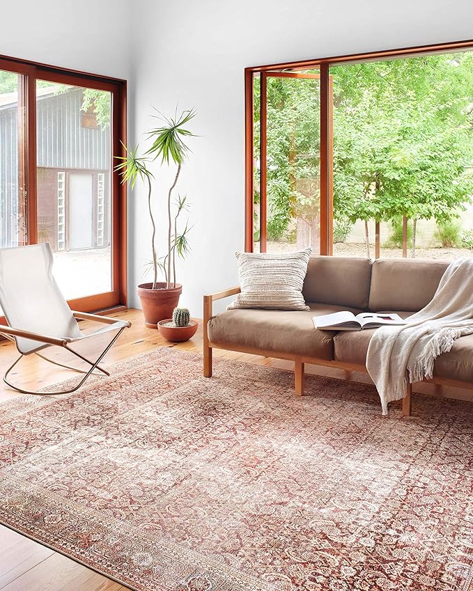 Loloi Layla Collection LAY-11 Cinnamon/Sage 5'-0" x 7'-6" .13" Thick Area Rug, Soft, Durable, Vintage Inspired, Distressed, Low Pile, Non-Shedding, Easy Clean, Printed, Living Room Rug