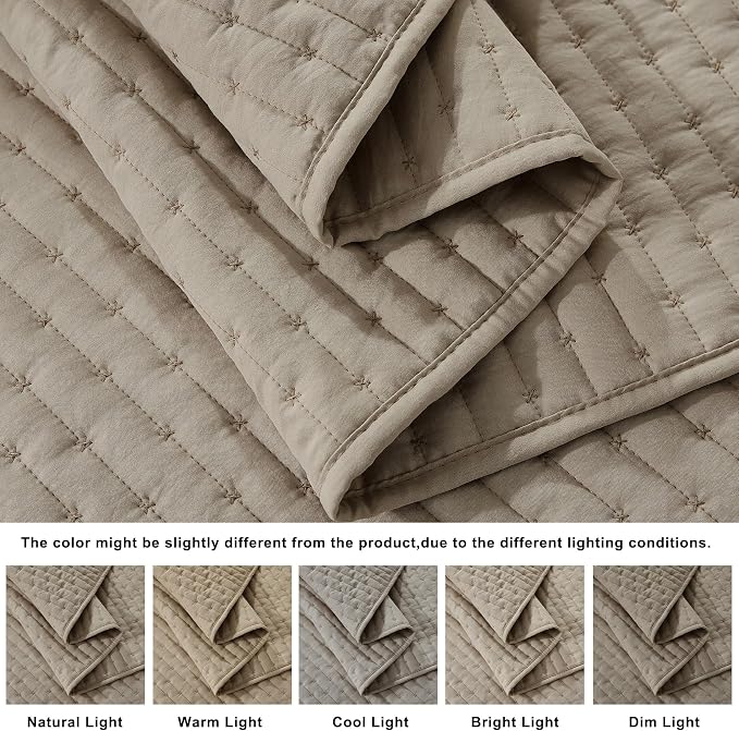 WDCOZY Dark Beige Cross Stitch Twin Size Quilt Set, Striped Lightweight Soft - Image 5