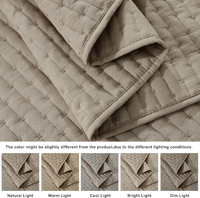 WDCOZY Dark Beige Cross Stitch Queen Size Quilt Set, Striped Lightweight Soft - Image 5