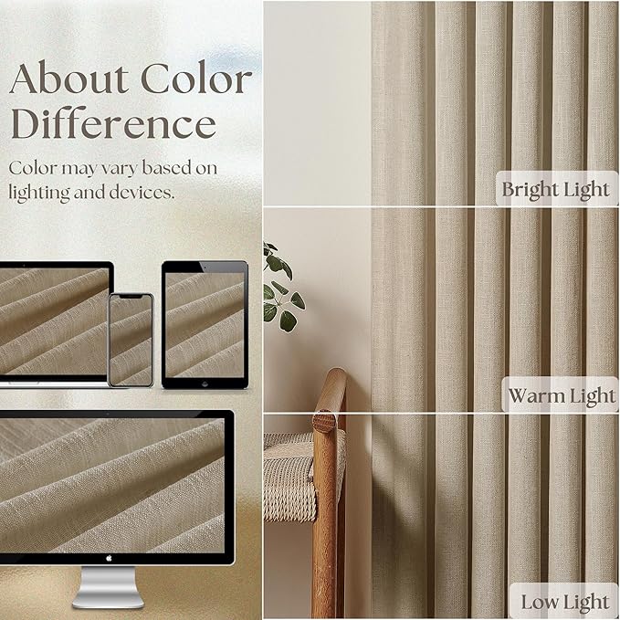 Grey Beige Pinch Pleated Linen Curtains 92 Inches Long 2 Panels for Living Room Bedroom Memory Training Shaped Semi Sheer Pleat Drapes with Hooks Rings Light Filtering Window Curtain 40x92