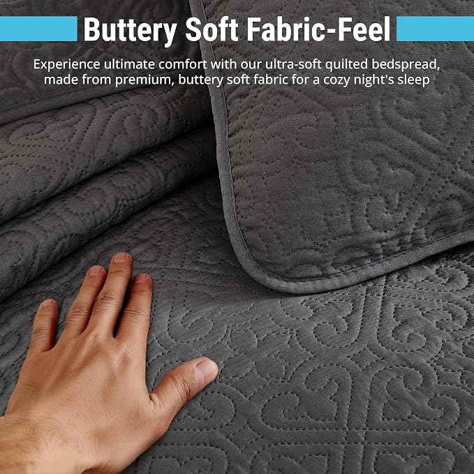 HLC.ME Lorenzo - Dark Grey Full Queen Size Quilt Set, Soft Summer Lightweight - Image 5