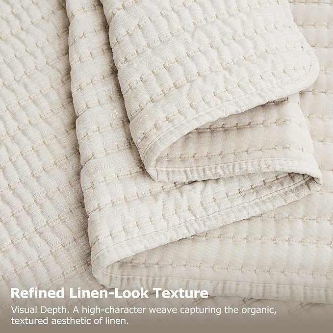 Beige Pick Stitch Oversized King Size Quilt Set, California King Striped - Image 6