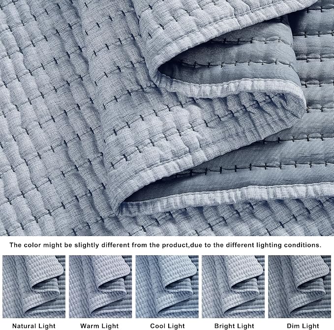 WDCOZY Chambray Pick Stitch Queen Size Quilt Set, Denim Blue Striped - Image 4