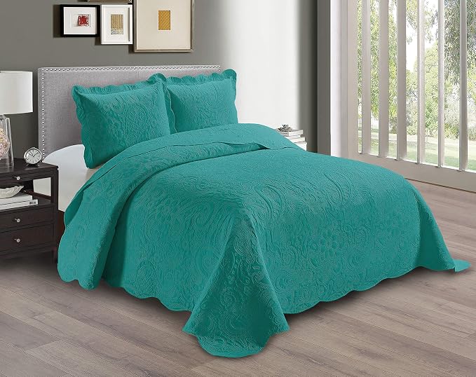 Linen Plus Embossed Coverlet Bedspread Set Oversized Solid Turquoise by Linen+Plus