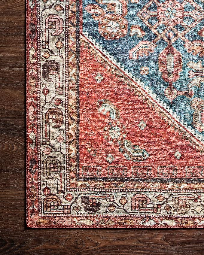 Loloi Layla Collection LAY-10 Marine/Clay 5'-0" x 7'-6" .13" Thick Area Rug, Soft, Durable, Vintage Inspired, Distressed, Low Pile, Non-Shedding, Easy Clean, Printed, Living Room Rug