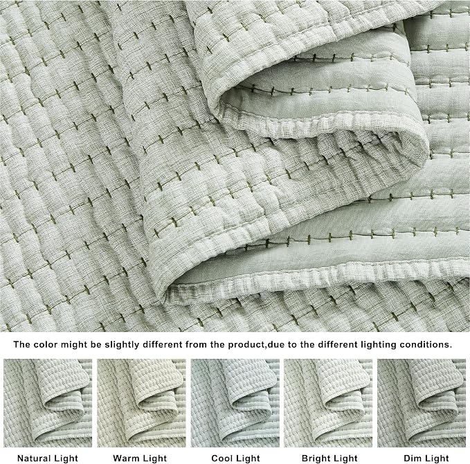 Sage Green Pick Stitch Oversized King Size Quilt Set, California King Striped - Image 4