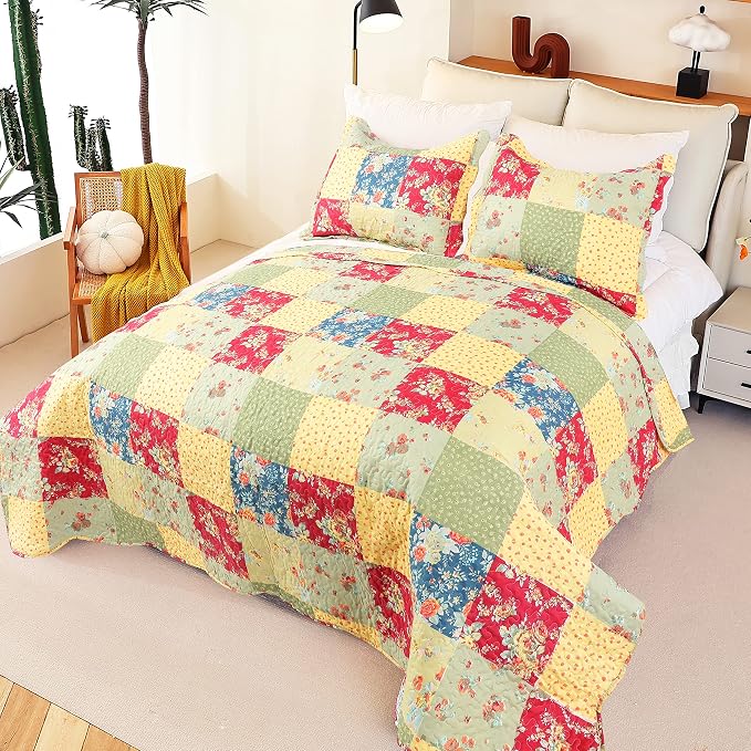 Cmfshape Summer Floral Queen Quilted Bedspread, Romantic Pink Quilt Set - Image 3