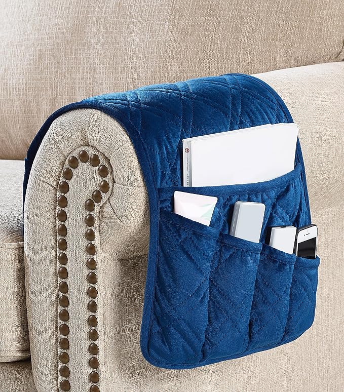 Brilliant Sunshine Dark Blue Velvet Couch Armrest Cover, Armrest Organizer & - Image 3