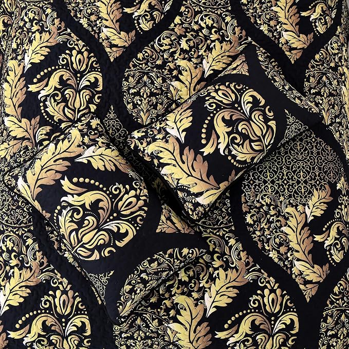 DJY Black Quilt Set King Size, Boho Gold Damask Bedspread Coverlet 3Pcs | Soft - Image 7