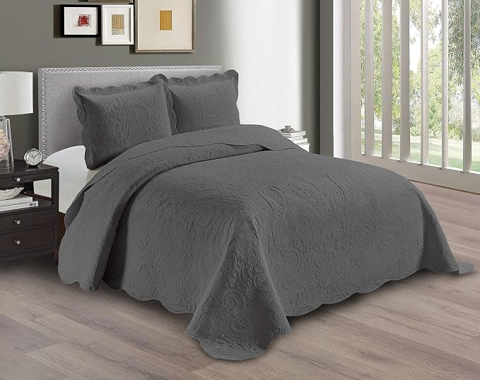 Linen Plus Embossed Coverlet Bedspread Set Oversized Solid Charcoal Full/Queen by Linen+Plus